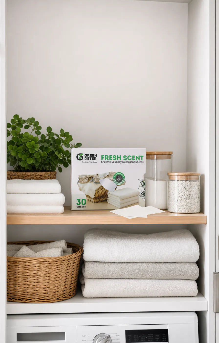 Boîte GREEN DETER rangée dans une buanderie
