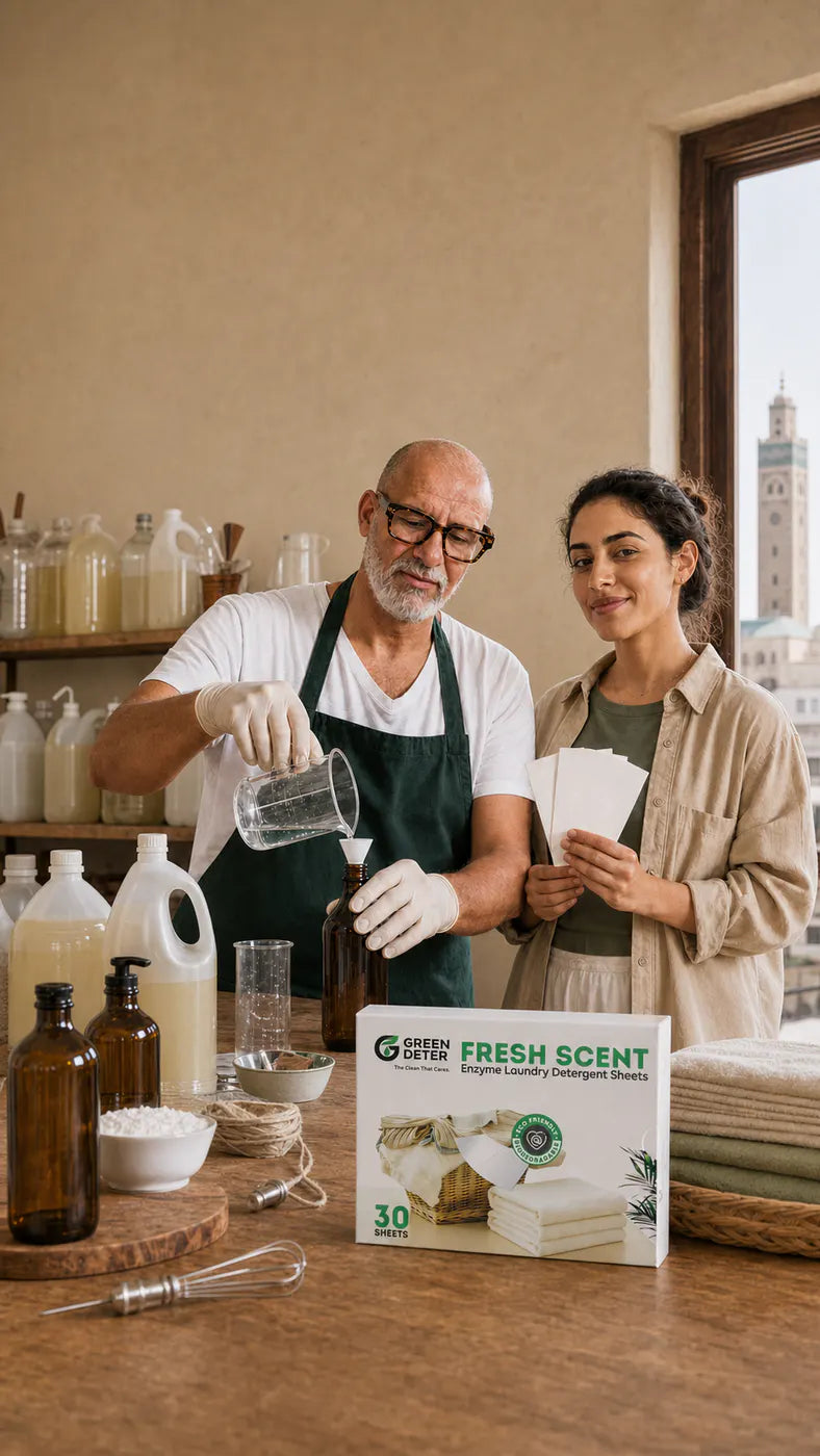 Père et fille présentant GREEN DETER dans leur atelier à Casablanca