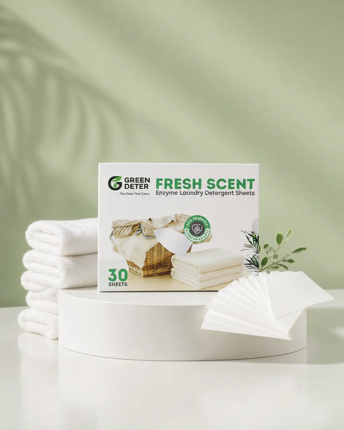 Pack Découverte GREEN DETER avec une boîte et des feuilles de lessive