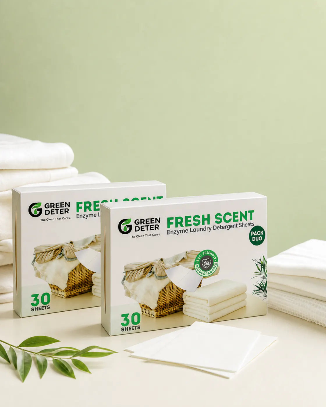 Pack Duo GREEN DETER avec deux boîtes et des feuilles de lessive
