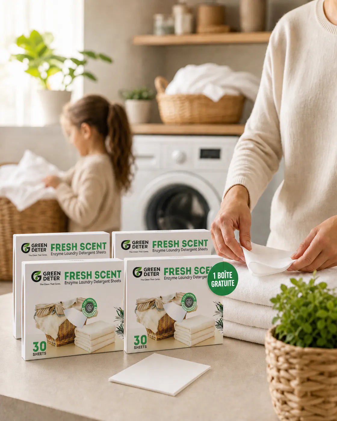 Pack Famille GREEN DETER avec quatre boîtes dans une buanderie familiale