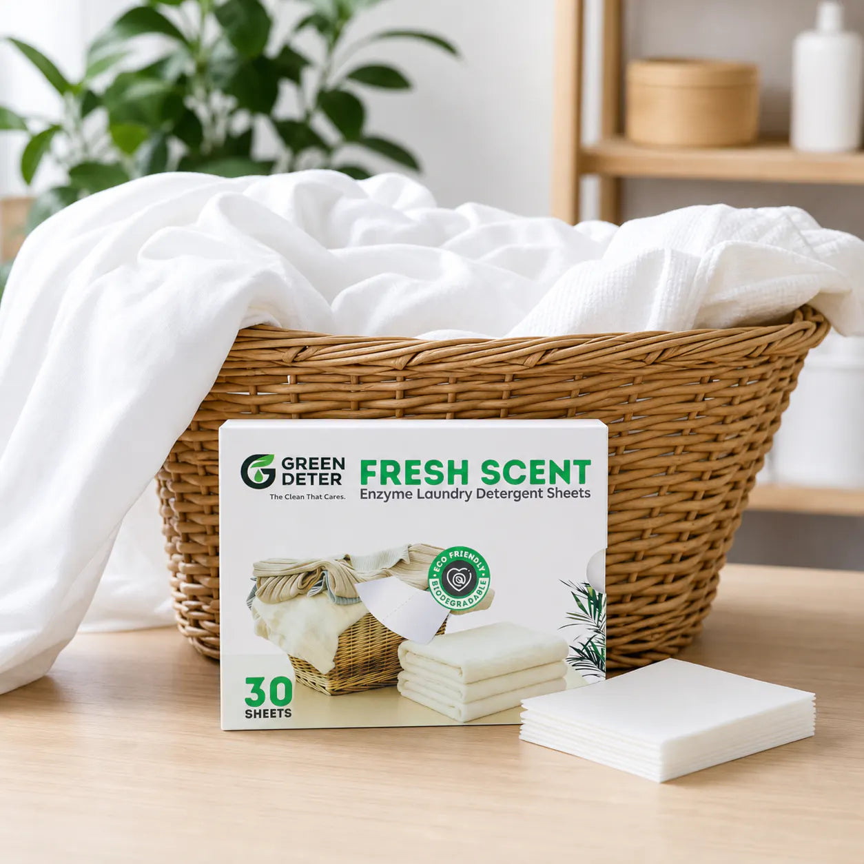 Boîte GREEN DETER et feuilles de lessive devant un panier de linge